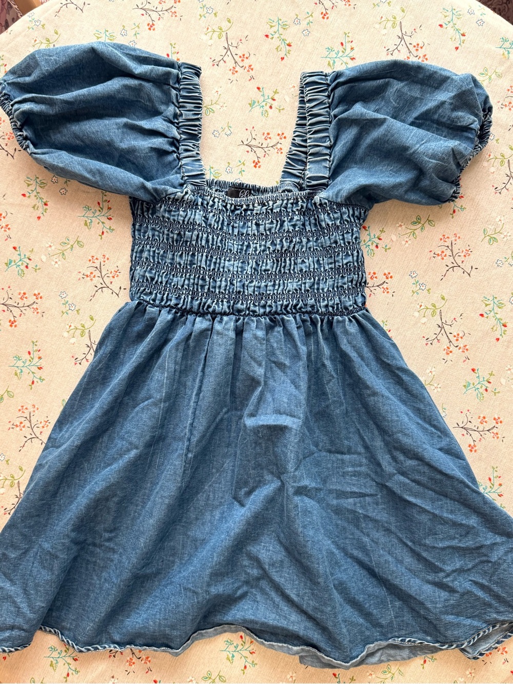 Smocked Denim Puff-Sleeve Mini Dress in Blue